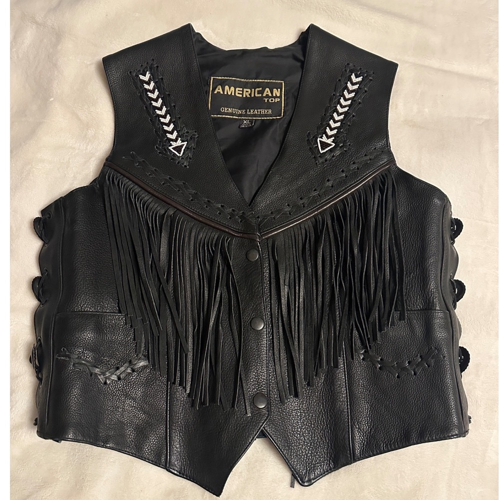 American‎ Top Womens Black Leather Fringe Beaded Western Biker Vest XL